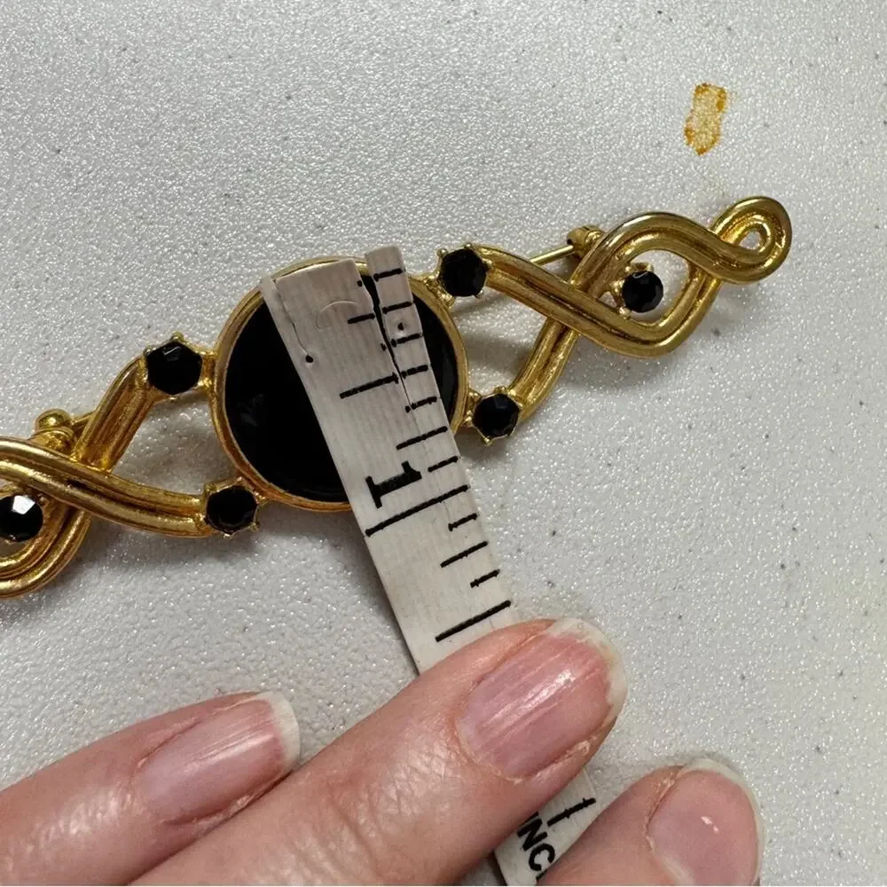 Dauplaise Vintage Gold Tone Black Glass Bead & Rhinestone Brooch Pin Estate